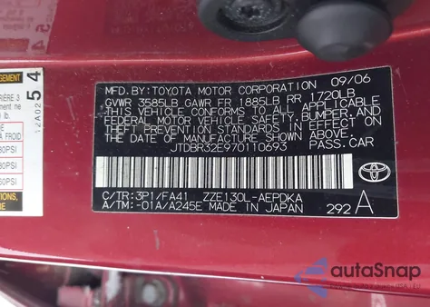 2007 Toyota Corolla Ce from USA, damaged, VIN JTDBR32E970110693